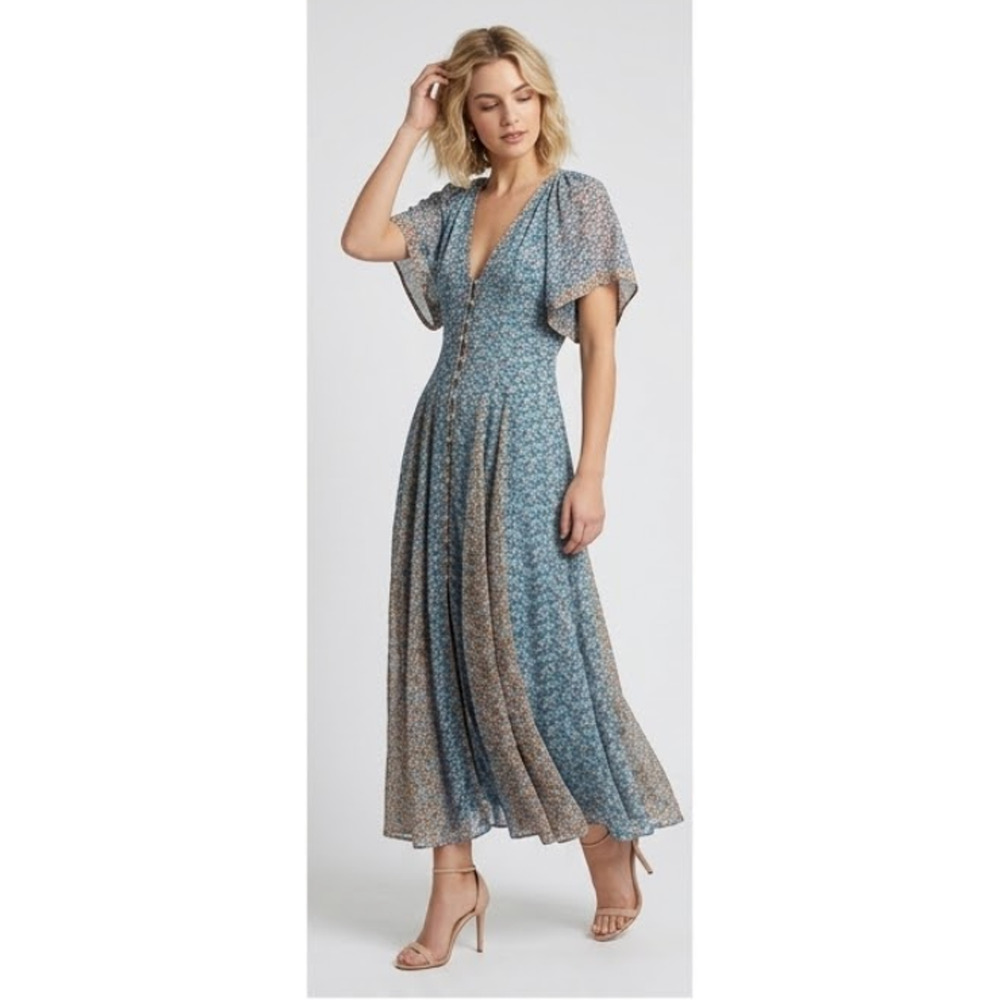 NEW MAEVE ANTHROPOLOGIE BLUE FLORAL PLEATED SMOCKED MAXI DRESS 4P 4 PETITE